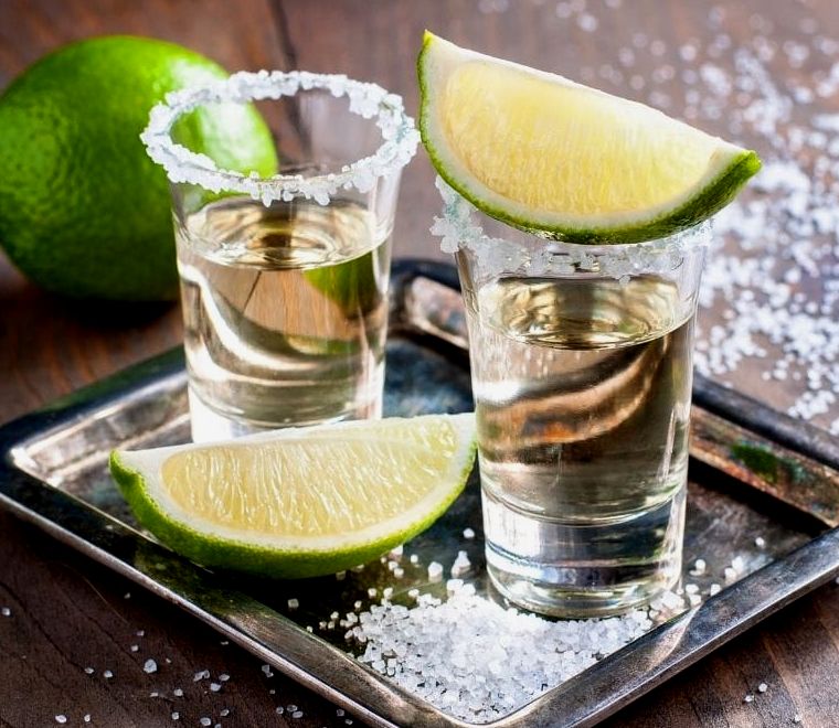 dois copos de tequila com sal na borda e duas rodelas de limão