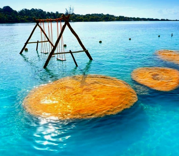 Coral Bacalar na água perto de um balanço
