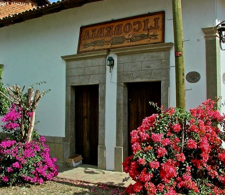antiga loja de bebidas com uma placa vintage que diz "Licoreria" em um prédio branco com arbustos de flores vermelhas e roxas nas laterais perto da entrada em San Sebastian del Oeste, um dos lugares mais exclusivos para se visitar no México