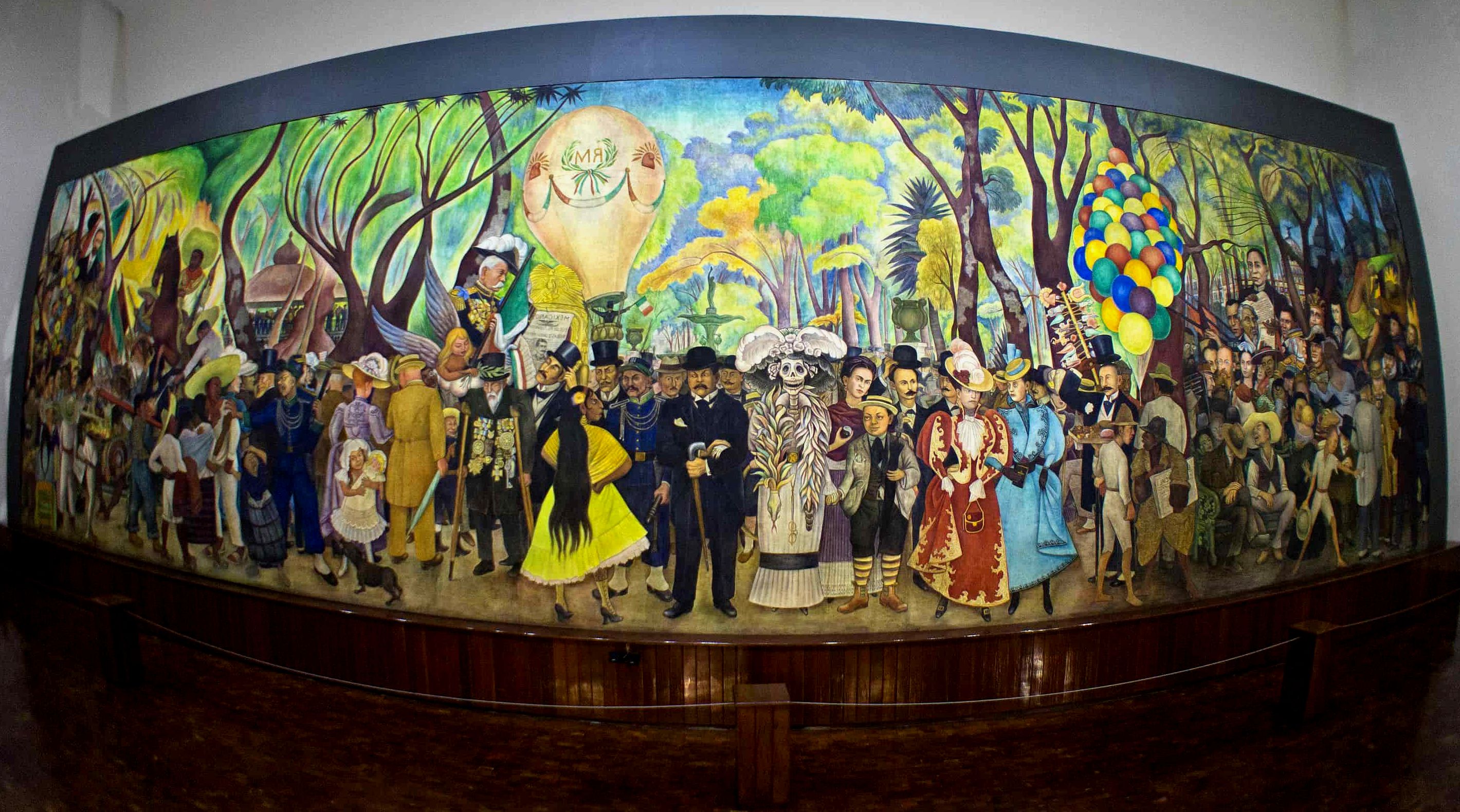 pintura mural de Diego Rivera de cena festiva em parque com cerca de 50 pessoas