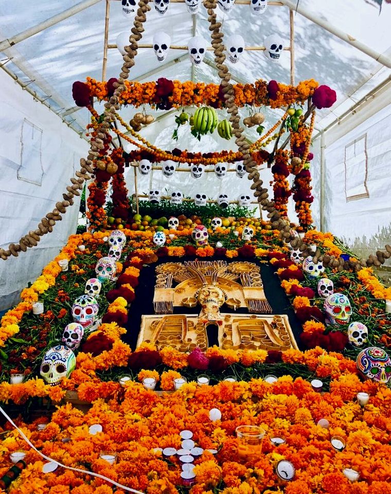 dia do altar morto com caveiras de açúcar e flores cempasuchil (malmequeres)